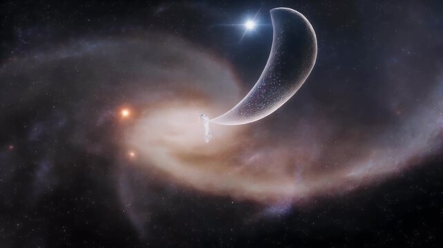 An astronaut floats near a crescent-shaped celestial object against the backdrop of a swirling spiral galaxy and distant stars.