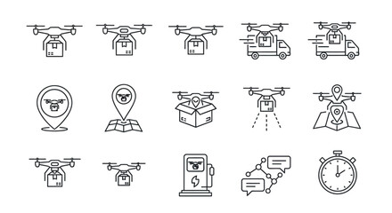 Fototapeta premium Drone Technology Outline Icons Set Illustration