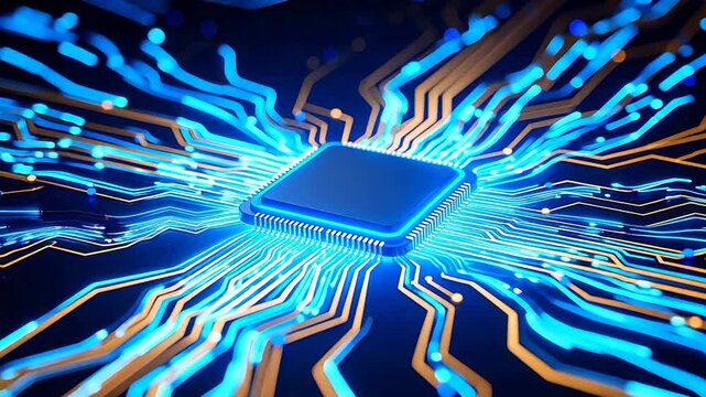 Microchip with glowing circuit paths