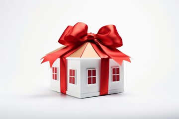 Home model wrapped in a red ribbon, symbolizing a gift or new ownership