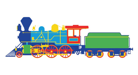 Colorful illustration of a classic steam locomotive train with vibrant shapes © Siam Studio