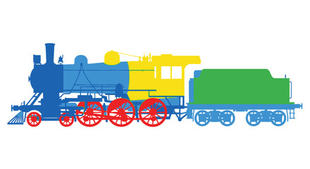Colorful silhouette of a vintage steam locomotive with red wheels © Siam Studio