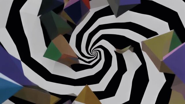 Hypnotic Black and White Spiral Surrounded by Colorful Geometric Shapes
