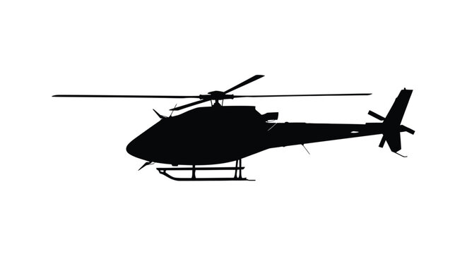 A black silhouette of a helicopter in mid flight against a white background