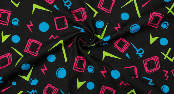 Fabric with geometric design on a black background. Neon colors, squares, circle, lightning, triangle. Design represents vibrant, energetic, playful style