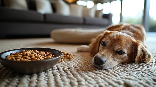 Dog next to food bowl indoors.