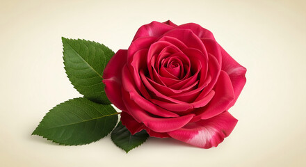 Naklejka premium Close-up of a red rose and green leaf on a light background, showcasing natural beauty, representing love and affection, suitable for romantic themes
