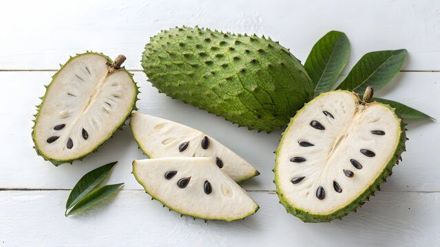 Whole and sliced green soursop fruit on a white surface