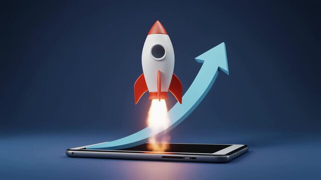 Clean corporate tablet visual with rocket and upward growth arrows animation
