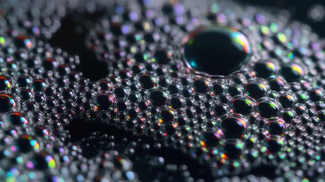 Iridescent liquid bubbles macro surface with cinematic light reflections loop