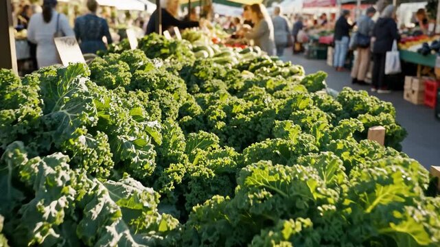 Abundant fresh kale displayed at a bustling outdoor farmers market with shoppers browsing