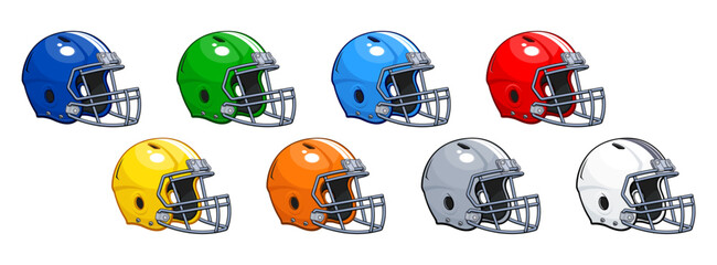classic american football gridiron helmets various colors red blue green orange yellow gray sport icon symbol logo vector set on transparent background