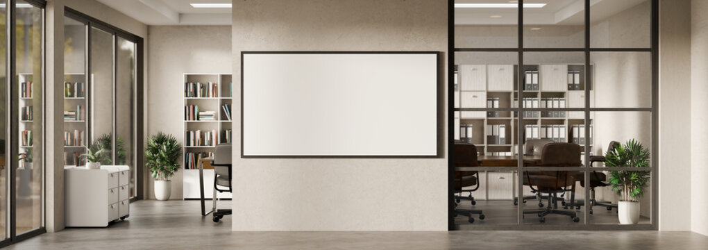 3D rendered Office interior with blank wall frame and meeting room, Minimal corporate workspace with empty poster mockup