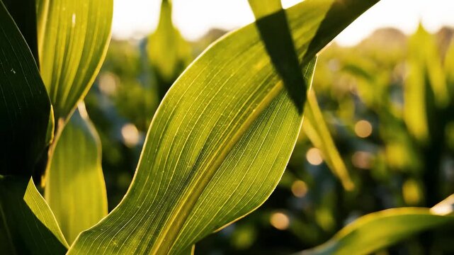 Close-up corn leaves natural backlight detailed veins