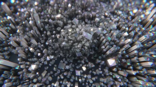 Prismatic metallic crystal cluster macro formation with cinematic lighting