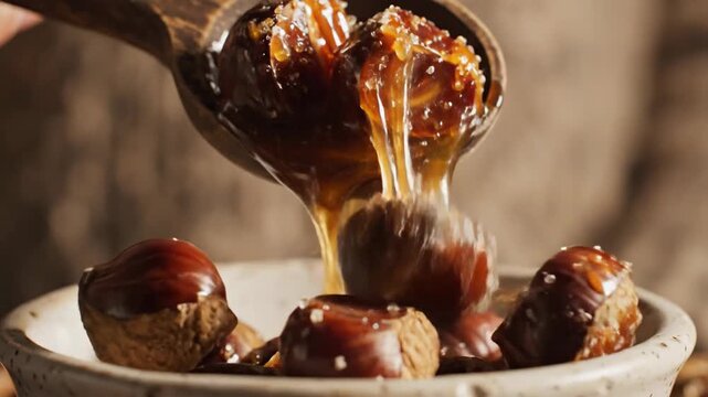 Delicious candied chestnuts glistening with a sweet sugary glaze being scooped from a bowl