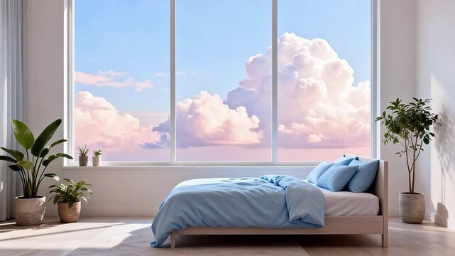 Bedroom with large window and clouds