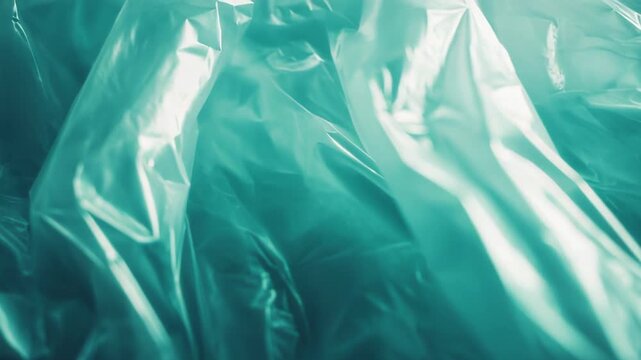 Crumpled translucent polyethylene film forming abstract textured surface with soft lighting, delicate wrinkles and reflective creases for modern industrial or environmental concepts