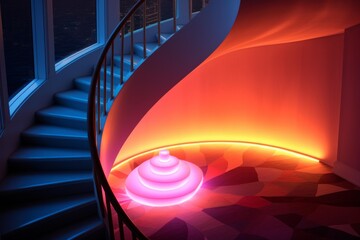 Obraz premium Interior space featuring a modern spiral staircase and decorative lighting creating a futuristic ambiance
