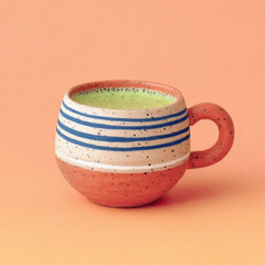 Handmade ceramic mug with speckled stripes filled with matcha latte on pastel peach background, minimalist drink still life with copy space