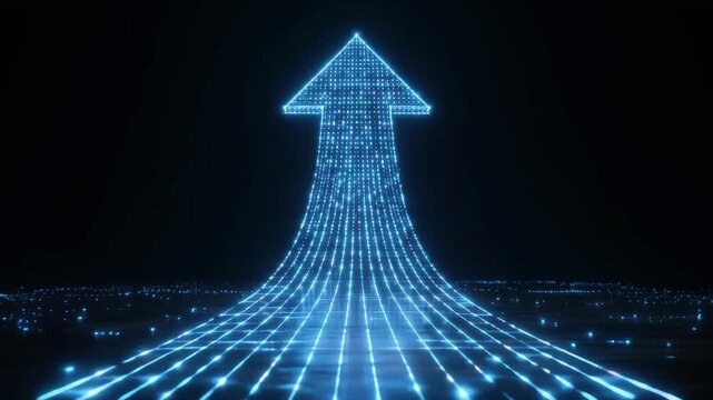 Digital hologram arrow glowing upward animation background