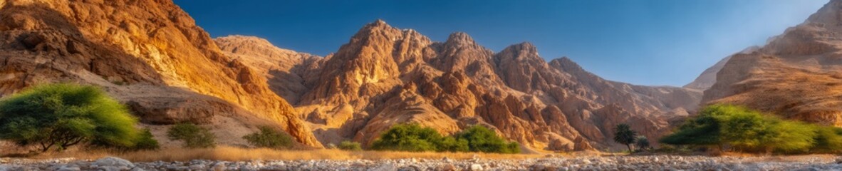 Large Panoramic Desert Canyon Landscape with Rocky Mountains and Green Trees at Golden Hour for Nature Background and Travel Industry Educational Media Advertising