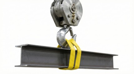 industrial crane hook lifting steel i-beam isolated on white