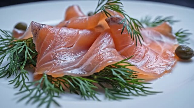 Thinly sliced smoked salmon draped elegantly with fresh dill and capers on a white plate