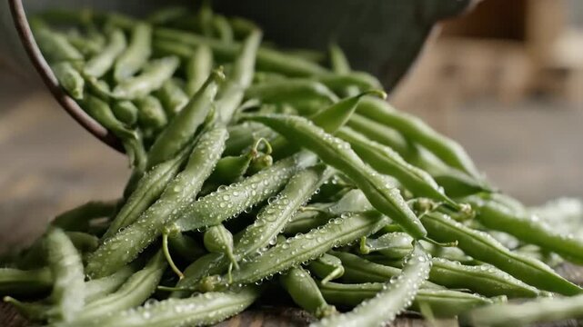 Fresh Green Beans Spilling From a Rustic Bowl onto a Wooden Surface, Showcasing Natural Dew Drops and Vibrant Green Color