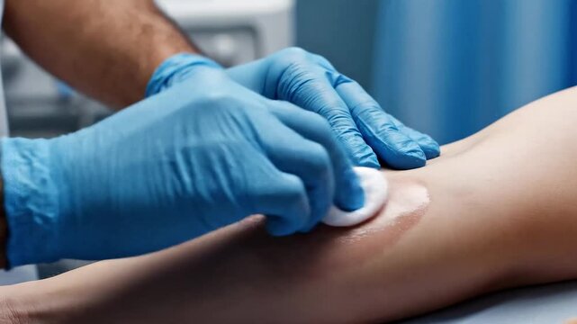 Doctor hands cleaning patient arm with alcohol swab