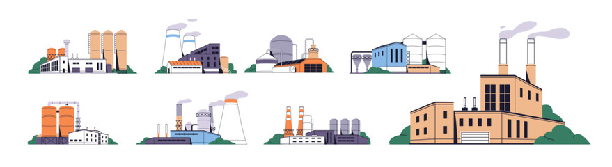 Obraz premium Different factories set. Building of power stations, heavy industry plants and manufacturing with exhaust smoke from chimney. Productions with tanks. Flat isolated vector illustrations on white