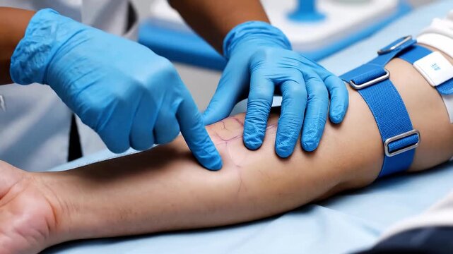 Doctor hands palpating patient arm for vein check, tight focus on hands and wrist
