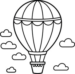 Fototapeta premium A clean outline depiction of a hot air balloon with a unique basket design floating above several clouds
