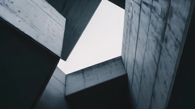 Abstract form of a modern brutalist building featuring sharp angles and concrete surfaces, creating an architectural structure with geometric patterns against a clear sky backdrop