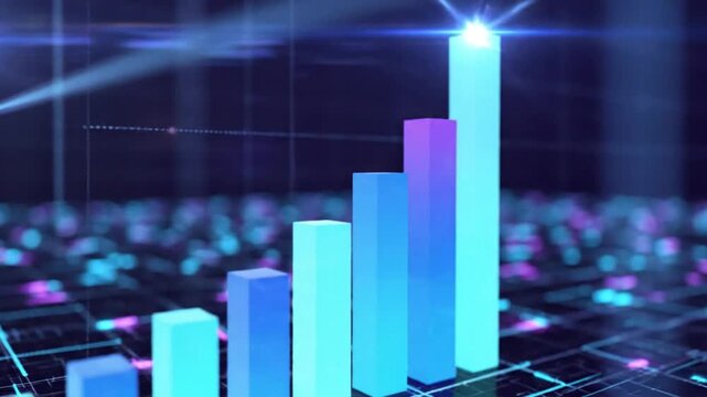 Futuristic bar graph rising to success with bright neon colors and digital data visualization