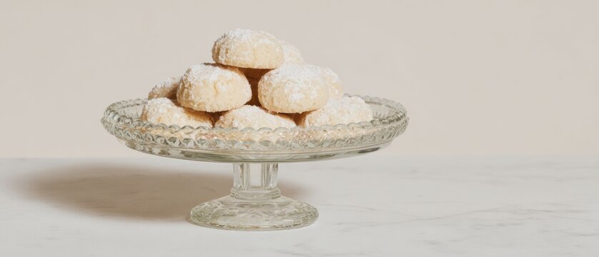 Traditional Kahk Cookies Stacked on a Glass Tiered Stand for Festive Celebration, Muslim Holiday Snacks for Product Listing on Isolated Background with Copy Space