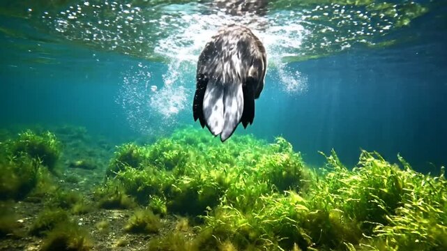 Underwater view of a diving duck searching for food amongst vibrant green aquatic plants in clear turquoise water