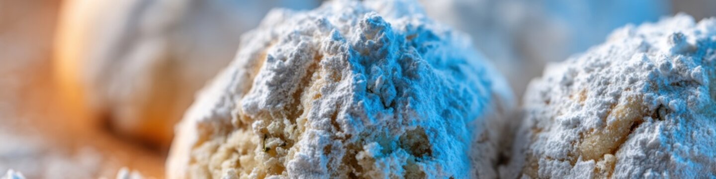 Traditional Kahk Cookies Dusted with Powdered Sugar for Festive Holiday Celebration, Close up of Crumbly Maamoul Sweets on Wooden Table for Social Media Content