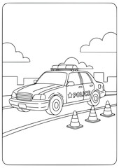  Police car coloring page for kids shows a patrol vehicle on a city street © Inkartia