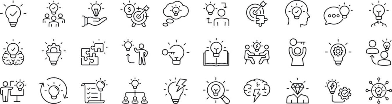 Collection of creative ideas, Idea Web Icon Set in Linear Style, line icons, including creativity, thinking, light bulb, innovation, solution, inspiration, business, and more. Editable stroke.