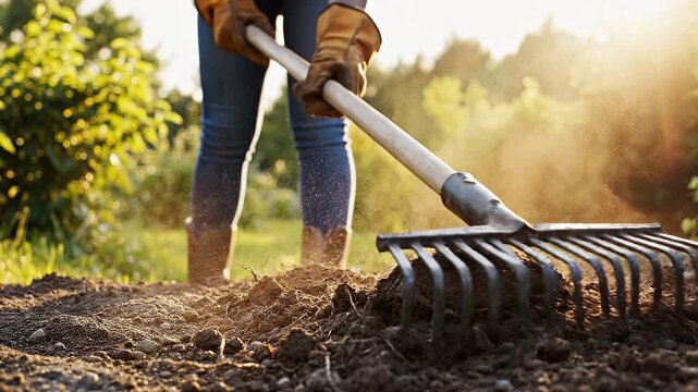 Close up of a gardener using a steel rake to level and prepare dark soil for planting in a sunny garden during golden hour