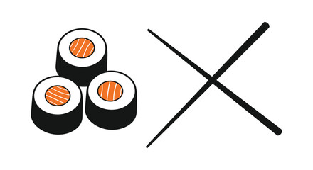 Three pieces of delicious salmon sushi rolls displayed next to crossed black eating chopsticks