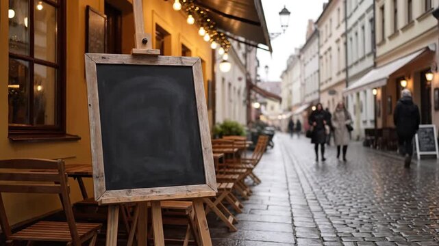 Blank chalkboard menu outside restaurant.