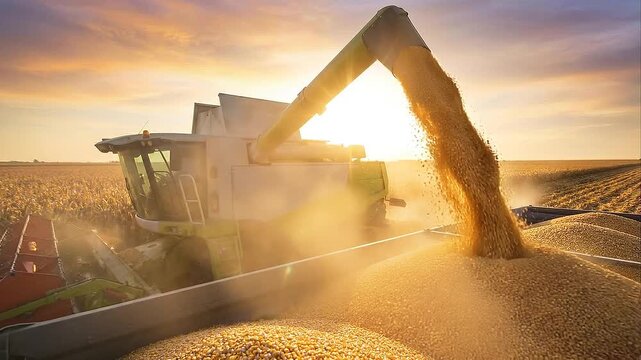 Combine harvester unloading golden corn grain into a tractor trailer in a vast agricultural field at sunset