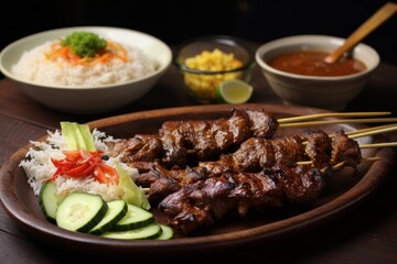 Indonesian satay skewers serving with white rice, sliced cucumber, and savory peanut sauce