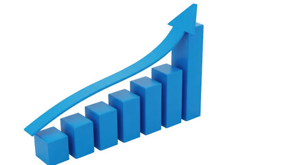 Blue 3D isometric bar chart with rising arrow showing business revenue growth on transparent background