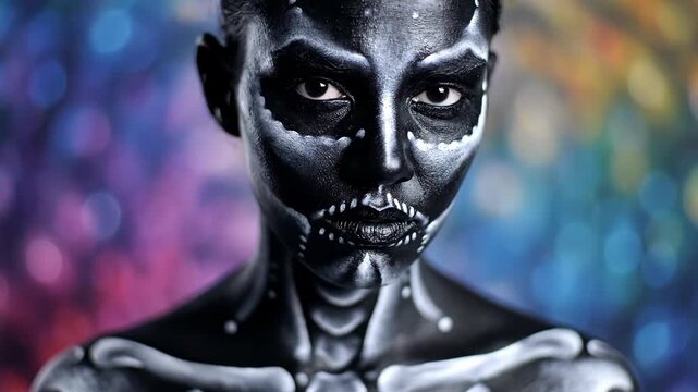 Woman with dramatic skeleton face paint against colorful bokeh background