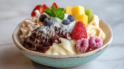 Delicious and Colorful Dessert Bowl with Fruits, Cream, and Toppings for a Sweet Treat Experience