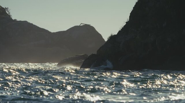 Waves Crashing On The Rock Mountains At East Sooke Park In Sooke, Vancouver Island, British Columbia, Canada. Static Shot
