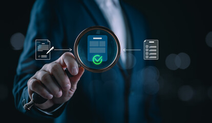 Business professional reviewing and approving digital documents with magnifying glass interface,...